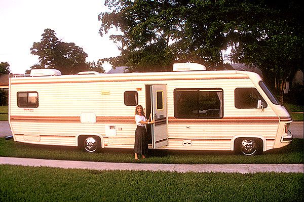 Vibeke with one of Tommy's motor homes
